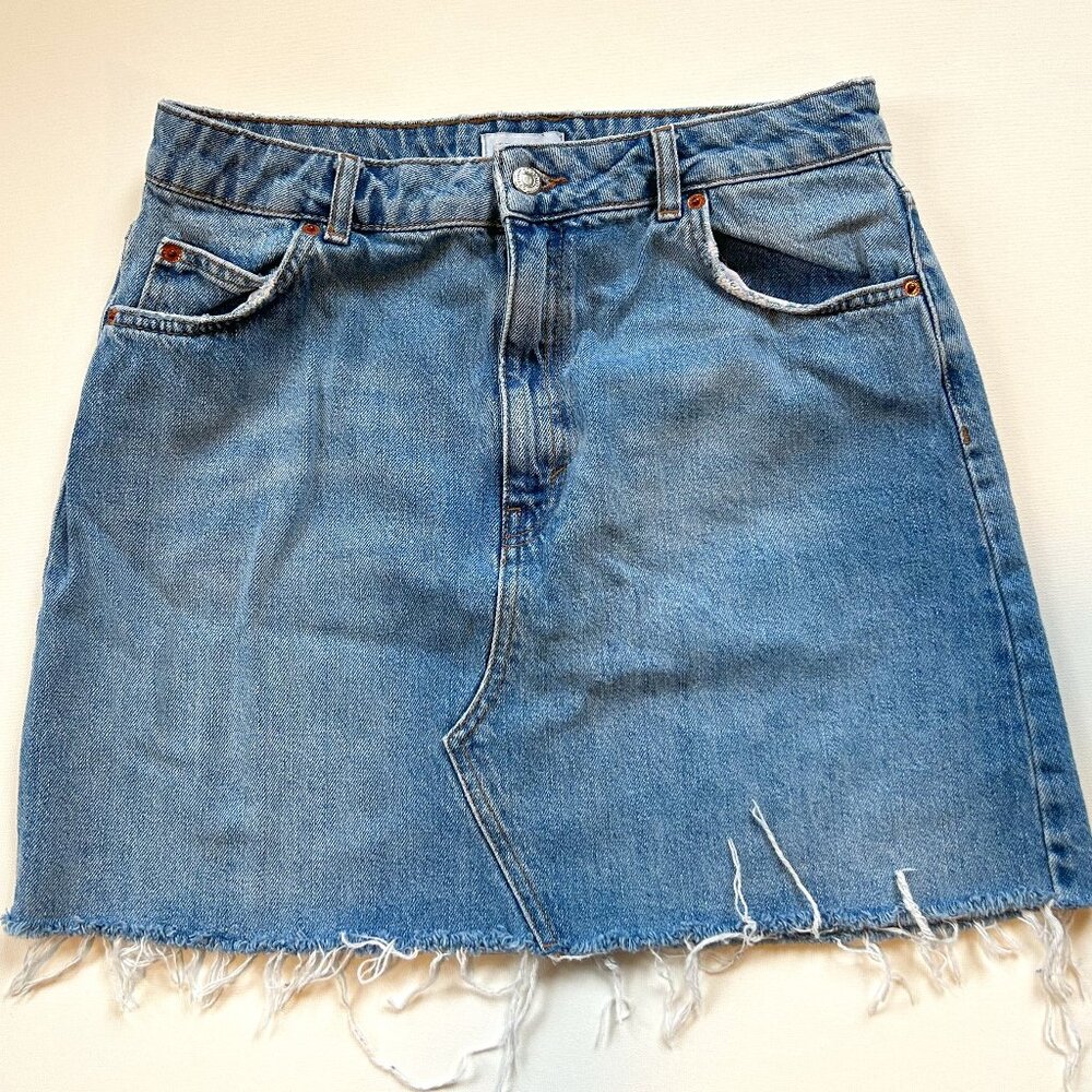 Topshop Blue Denim Mini Skirt with Distressed Hem